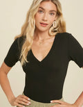 Ribbed Casual Short Sleeve Bodysuit - Black by Boutique 23