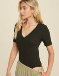 Ribbed Casual Short Sleeve Bodysuit - Black by Boutique 23