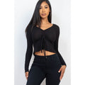 Ribbed Drawstring Front Long Sleeve Peplum Top by DailySale