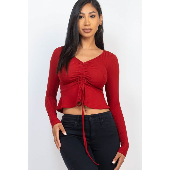 Ribbed Drawstring Front Long Sleeve Peplum Top by DailySale
