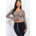 Ribbed Drawstring Front Long Sleeve Peplum Top by DailySale