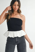 Ribbed Knit Bodice Bubble Peplum Tube Top - Black by Boutique 23