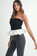 Ribbed Knit Bodice Bubble Peplum Tube Top - Black by Boutique 23