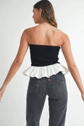 Ribbed Knit Bodice Bubble Peplum Tube Top - Black by Boutique 23