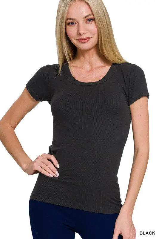 Ribbed Round Neck Short Sleeve Tee Shirt - Black by Boutique 23