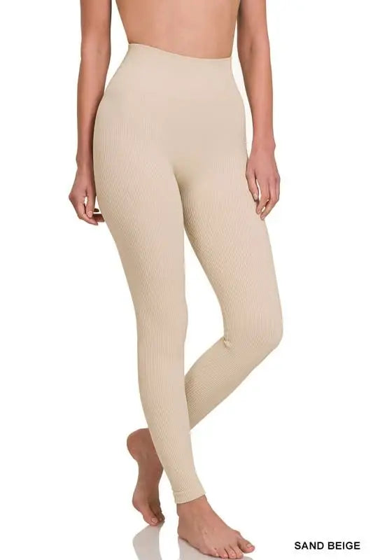 Ribbed Seamless High Waisted Leggings - Sand Beige by Boutique 23