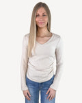 Ribbed V Neck Long Sleeve Top - Apricot by Boutique 23