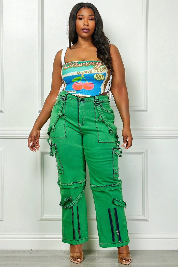 Oh So Crafty Utility Cargo Plus Size Denim Pants - Green by Fasheabe