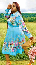 Pleated Print Long Sleeve Mid-Calf Lapel Standard-Waist Pullover Dress by Fasheabe