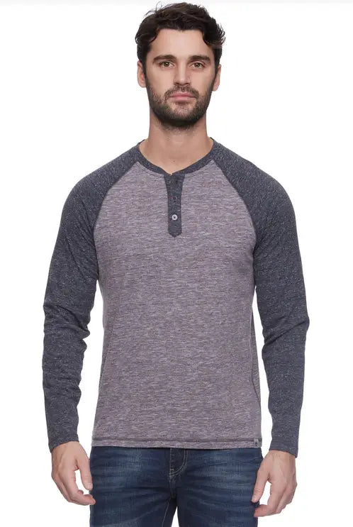 Rollins LS Snow SLub Raglan Henley - Grey/Onyx by Boutique 23