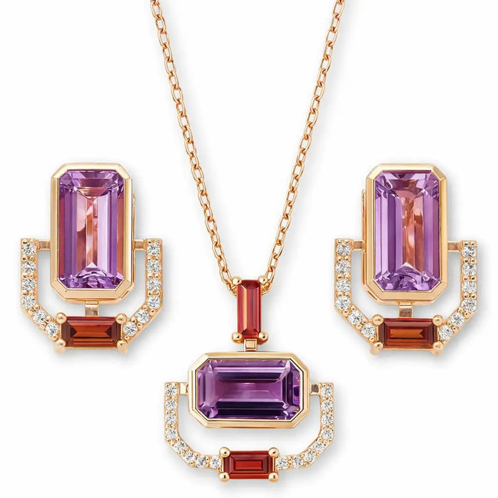 Rose Gold Emerald Cut Natural Amethyst Silver Jewelry Set by Fine Color Jewels