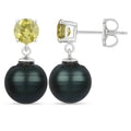 Round Black Tahitian Pearl Prong Rhodium Plated Silver Drop Dangle Earrings by Fine Color Jewels