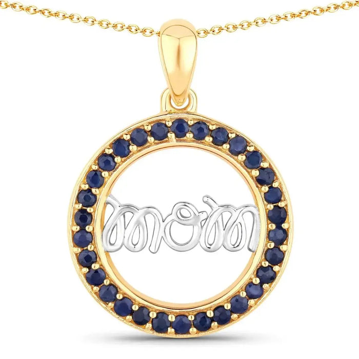 Round Blue Sapphire Prong Gold Plated Silver Mom Circle Pendant Necklace by Fine Color Jewels