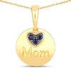 Round Blue Sapphire Prong Gold Plated Silver Mom Heart Pendant Necklace