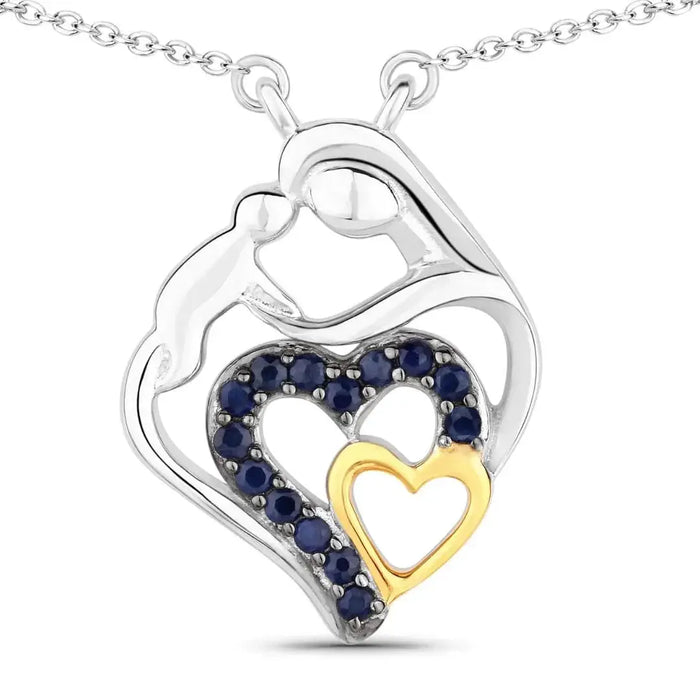 Round Blue Sapphire Prong Silver Double Heart Pendant Necklace by Fine Color Jewels
