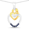 Round Blue Sapphire Prong Silver Double Heart Pendant Necklace