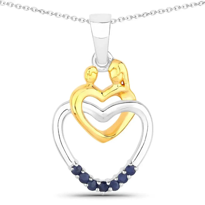 Round Blue Sapphire Prong Silver Double Heart Pendant Necklace by Fine Color Jewels
