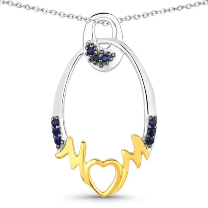 Round Blue Sapphire Prong Silver Mom Pendant Necklace by Fine Color Jewels