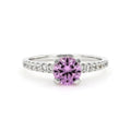 Round Created Pink Sapphire Prong Rhodium Over Silver Solitaire Ring by Fine Color Jewels