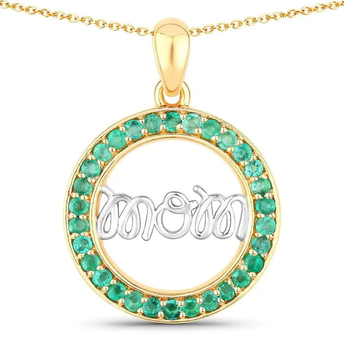 Round Green Emerald Prong Gold Plated Silver Mom Circle Pendant Necklace by Fine Color Jewels