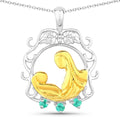 Round Green Emerald Prong Silver Pendant Necklace by Fine Color Jewels