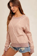 Round Neck Cable Knit Detail Sweater - Mauve by Boutique 23