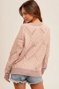 Round Neck Cable Knit Detail Sweater - Mauve by Boutique 23