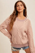 Round Neck Cable Knit Detail Sweater - Mauve by Boutique 23