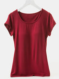 Round Neck Short Sleeve T-Shirt with Bra: Burgundy by Boutique 23