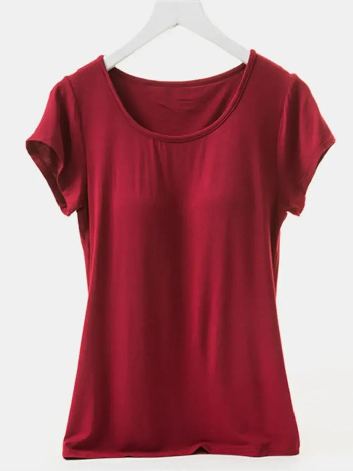 Round Neck Short Sleeve T-Shirt with Bra: Burgundy by Boutique 23
