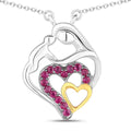Round Pink Ruby Prong Silver Double Heart Pendant Necklace by Fine Color Jewels