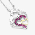 Round Pink Ruby Prong Silver Double Heart Pendant Necklace by Fine Color Jewels