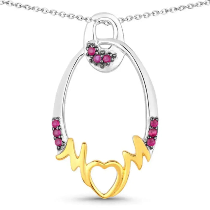 Round Pink Ruby Prong Silver Mom Heart Pendant Necklace by Fine Color Jewels