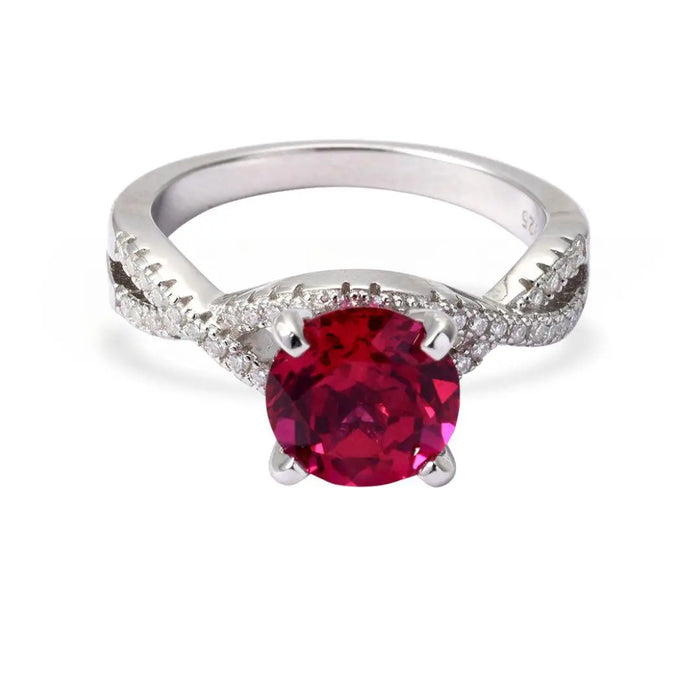 Round Red Lab Grown Ruby Prong Silver Twisted Band Solitaire Ring by Fine Color Jewels