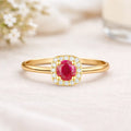 Round Red Ruby 22k Gold Vermeil Prong Petite Halo Ring by Fine Color Jewels