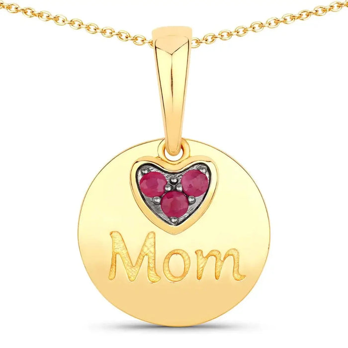 Round Red Ruby Prong Gold Plated Silver Mom Heart Pendant Necklace by Fine Color Jewels
