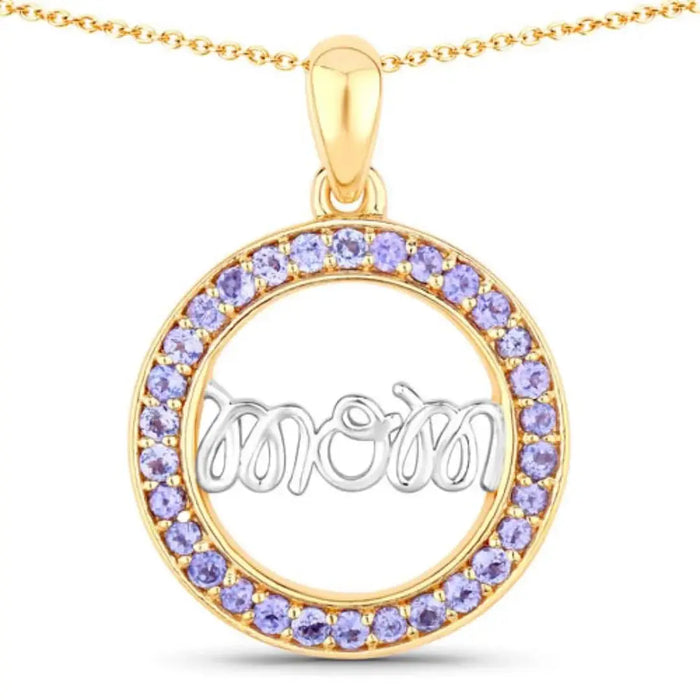Round Violet Tanzanite Prong Gold Plated Silver Mom Circle Pendant Necklace by Fine Color Jewels