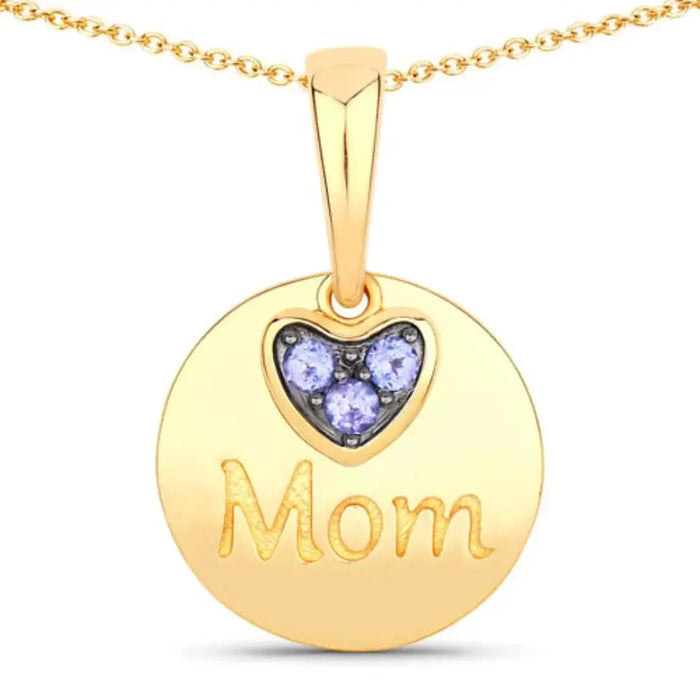 Round Violet Tanzanite Prong Gold Plated Silver Mom Heart Pendant Necklace by Fine Color Jewels