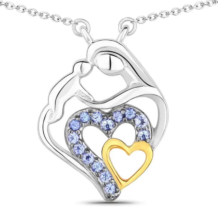 Round Violet Tanzanite Prong Silver Double Heart Pendant Necklace by Fine Color Jewels