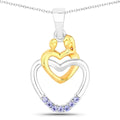 Round Violet Tanzanite Prong Silver Double Heart Pendant Necklace by Fine Color Jewels