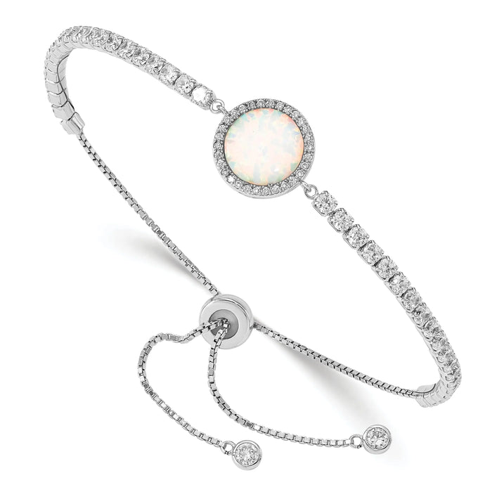 Round White Created Opal & CZ Halo Prong Sterling Silver Adjustable Bolo Bracelet by Fine Color Jewels
