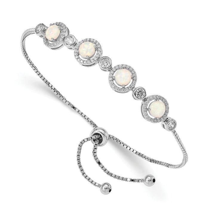 Round White Created Opal & CZ Halo Prong Sterling Silver Adjustable Bolo Bracelet by Fine Color Jewels