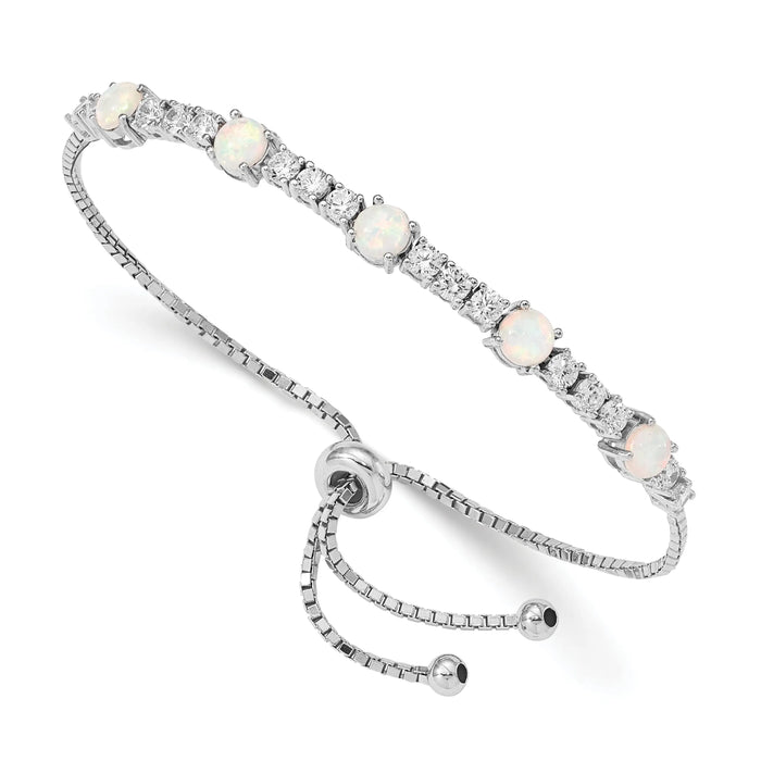 Round White Created Opal & CZ Prong Sterling Silver Adjustable Bolo Bracelet by Fine Color Jewels