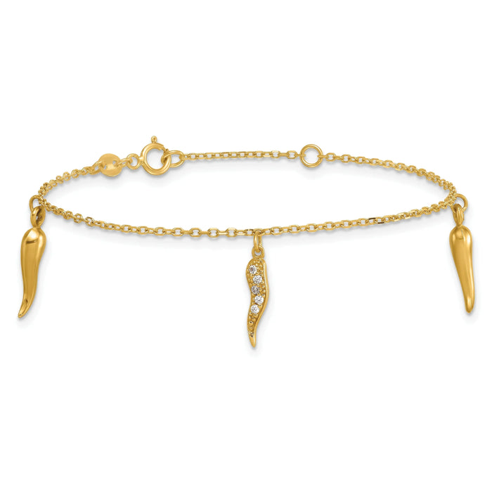 Round White Cubic Zirconia Prong 14K Yellow Gold 3 Italian Horn Dangles with Spring Ring Clasp Charm Bracelet by Fine Color Jewels