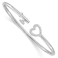 Round White Cubic Zirconia Prong Sterling Silver Heart and Key Flexible Slip-On Bangle Bracelet by Fine Color Jewels