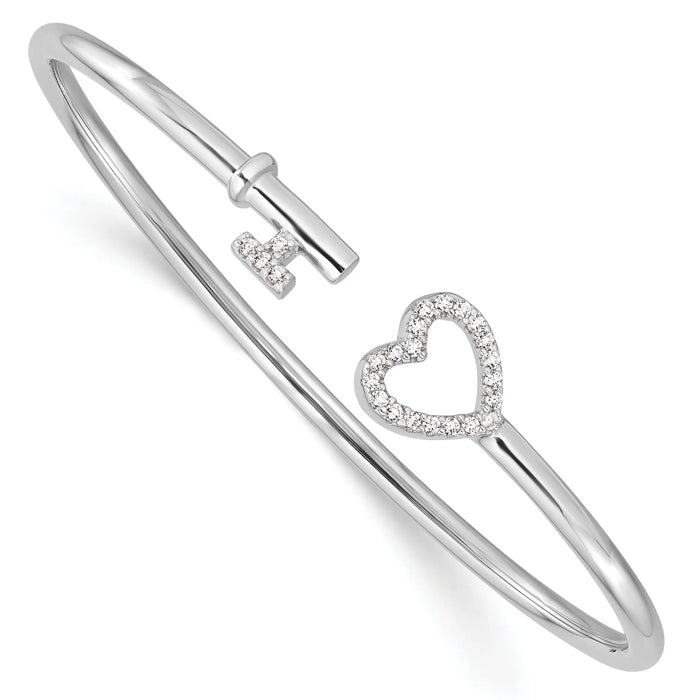 Round White Cubic Zirconia Prong Sterling Silver Heart and Key Flexible Slip-On Bangle Bracelet by Fine Color Jewels