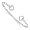 Round White Cubic Zirconia Prong Sterling Silver Two Heart Open Cuff Slip-On Bangle Bracelet
