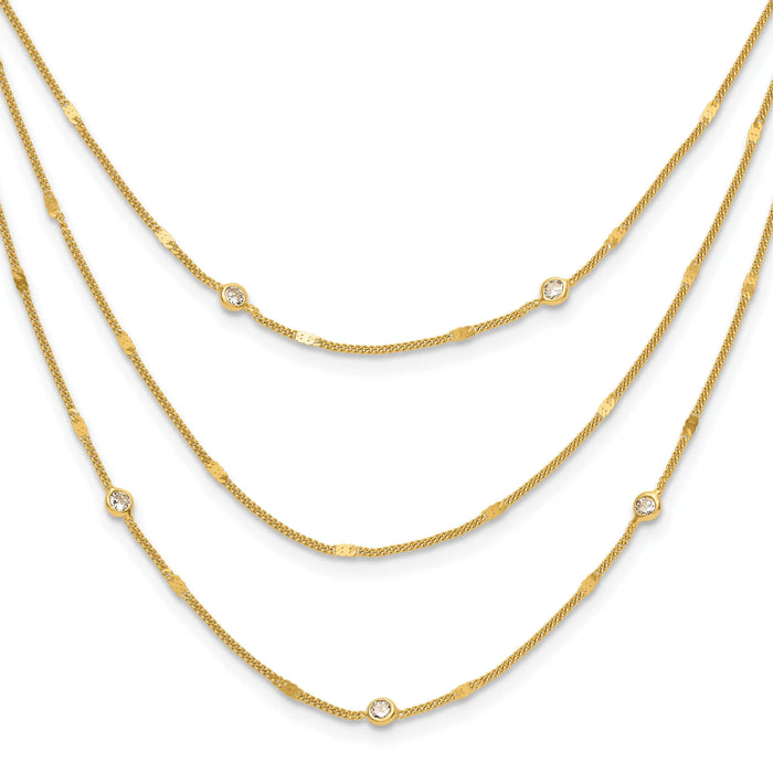 Round White Cubic Zirconia Sterling Silver Gold-Tone Layered Cable Chain Necklace by Fine Color Jewels