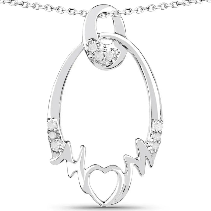 Round White Diamond Prong Silver Heart Pendant Necklace by Fine Color Jewels