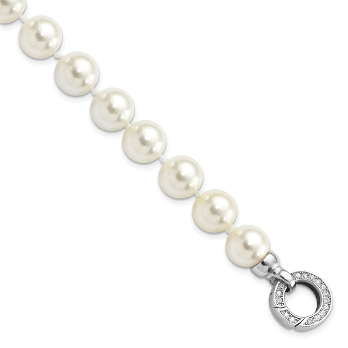Round White Shell Pearl Rhodium-Plated Clasp Sterling Silver Hand-Knotted Fancy Bracelet by Fine Color Jewels